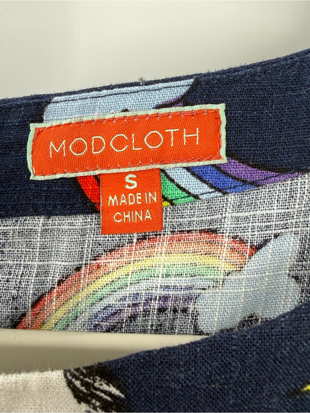 ModCloth Rainbow Unicorn Print Linen Blend Boxy Top Women’s Small Navy - Picture 12 of 13